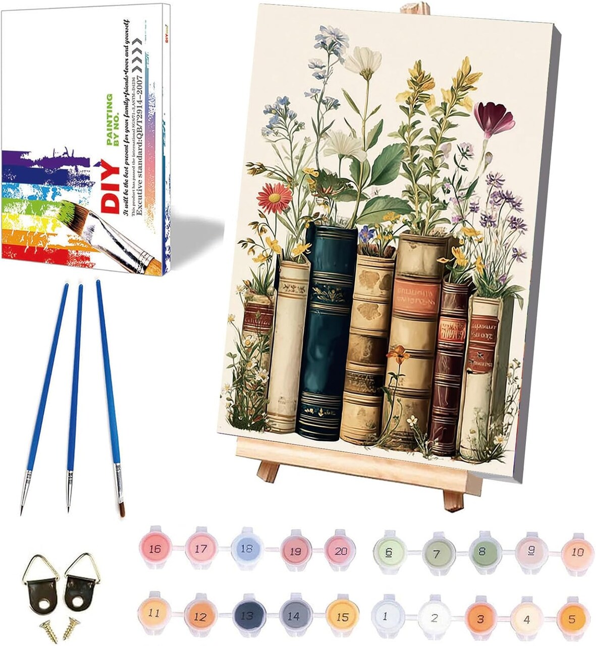 Paint By Number Framed Book & Flowers Kit for Adults with Wooden Easel – DIY Acrylic Oil Painting Canvas Set for Home Wall Decor, 8x12 Inch